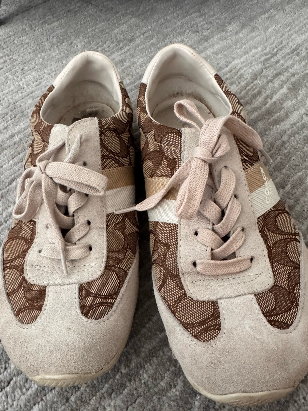 Coach Beige and Brown Signature Logo Lace-Up Sneakers